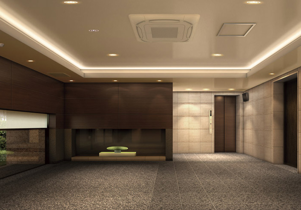 Shared facilities.  [On and off, Fine place to gradually switch] Entrance hall, Live person who was now nestled sticking to it is a fine space encompassing well comfortable. Texture of the floor and walls, Such as the ceiling of the lighting-up folding, You played a tolerance, such as mood is abate in just being there. Also, Providing a glass window with a spread, Was consideration to incorporate the moisture of the planting and the natural light in the entrance hall. (Entrance Hall Rendering)