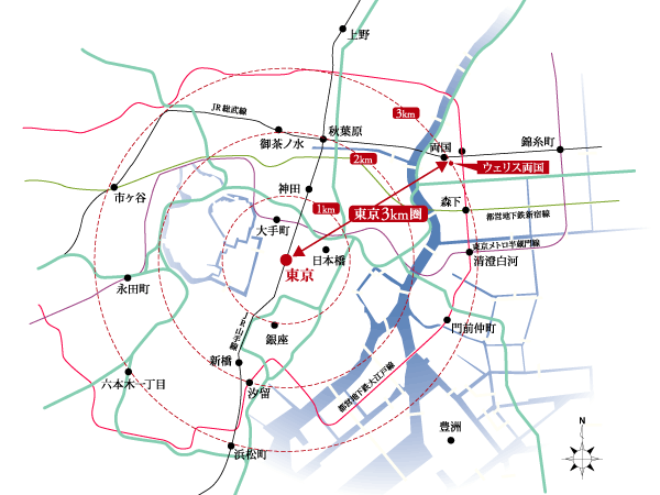 Surrounding environment. Movement of a bicycle is also a light, Access in about 12 minutes from Tokyo Station. Furthermore Ueno and Asakusa, There is in the reasonable distance also go out to the popular spots such as. On also off also, A variety of facial expressions freely enjoy position Rashiku their downtown is one of the charm of <Wellith both countries>. (Area conceptual diagram)
