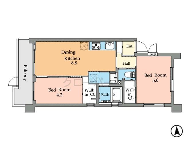 Floor plan. 2DK, Price 16.8 million yen, Occupied area 42.48 sq m , Balcony area 5.88 sq m