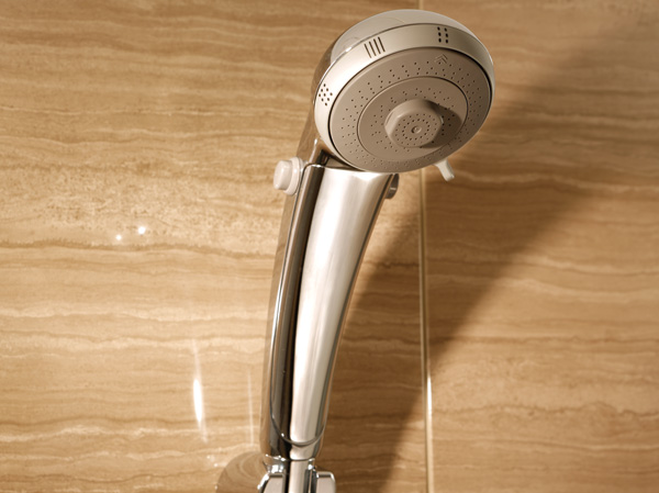 Bathing-wash room.  [Full plating head shower with one-stop] And out of the shower at hand of a button, It is very convenient to use one hand free so stop can or. It can be three types of the water discharge according to the application.