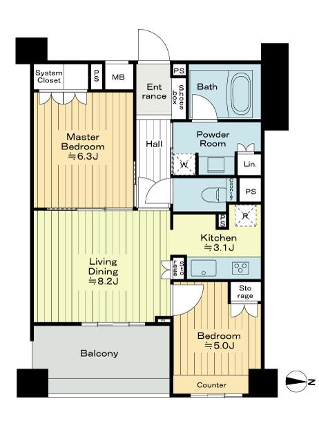 Floor plan. 2LDK, Price 32,800,000 yen, Footprint 55 sq m , Balcony area 7.8 sq m