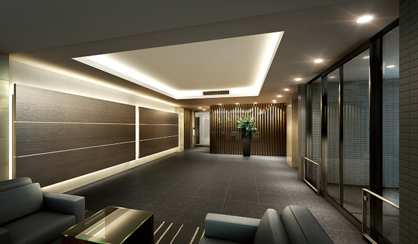 Shared facilities.  [Entrance Hall (House A)] Entrance Hall of the colored in soft light that pours down from the ceiling Trey Yingbin ( [House A]  Entrance Hall Rendering)