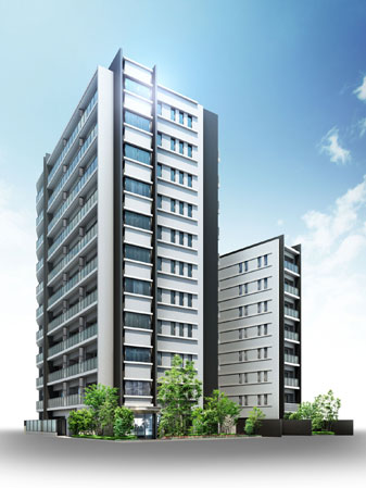 Buildings and facilities. Sharp in a unified two buildings consists of a novel design. The southwest side of the road opposite there is a 'Asunaro children amusement', Also it obtained the day and the feeling of freedom in the lower floors from the southwest side dwelling unit. (Exterior view) ※ Trees, etc. are painted with the image of after a certain extent growth, Of leaves and flowers shade tree shape, etc. slightly different actual and. Planted 栽計 images are subject to change.