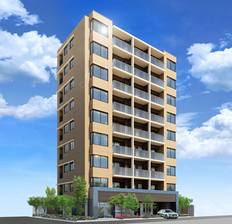 Buildings and facilities. While in harmony with the street landscape, Appearance of sophistication that does not fade in the era. While taking advantage of the color tone of gentle earth tones, Rather than follow the fashion of just now, We seek the way of living that deepens the flavor over time. (Exterior CG)