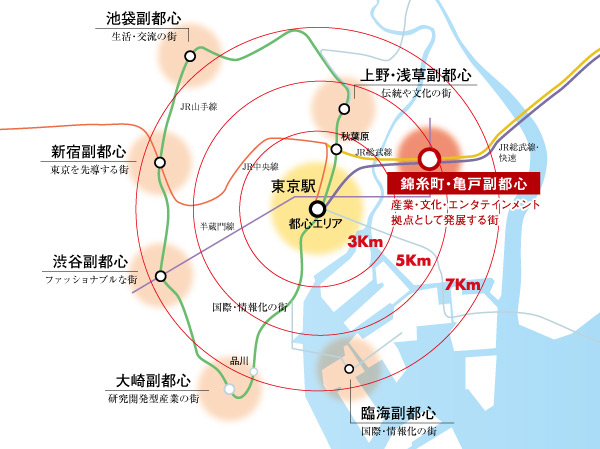 Surrounding environment. Tokyo Station ・ About 5km zone, To enjoy the TOKYO "Kinshicho". 8 minutes direct in to Tokyo ・ Also to Akihabara 6 minutes. ※ The above distance display is a straight-line distance from Tokyo Station. ※ Road distance from Tokyo Station of the property is about 5.7km. (Area schematic diagram)