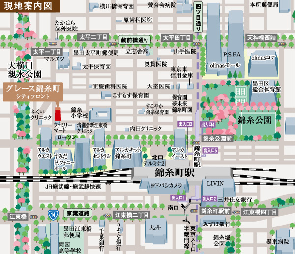 Surrounding environment. Vice downtown Tokyo (Kinshicho ・ Worthy of the name of the Kameido area), Including the enhancement of large-scale shopping facility, Town with a variety of convenience and charm ・ The goodness of Kinshicho unique, It is the location that you can enjoy to the full extent. (Local guide map)