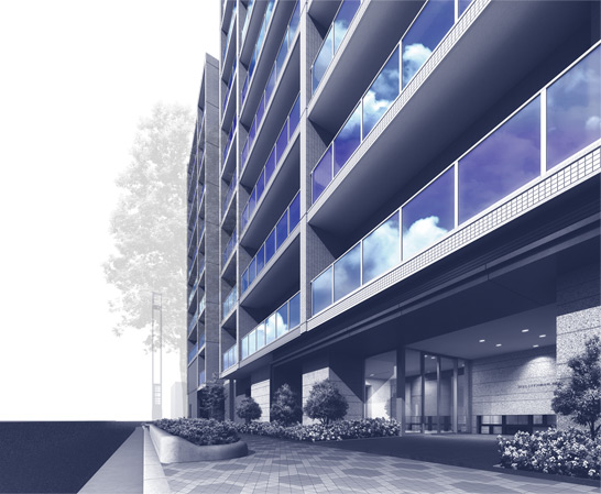 Buildings and facilities. Facade of quality to stand attract more the landscape of "Hokusai street". While be safety to cherish the district plan of the city, Mansion to draw a pride to the people who live. (Exterior CG)