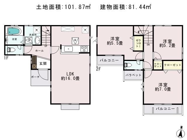 Floor plan. (3 Building), Price 38,400,000 yen, 3LDK, Land area 101.87 sq m , Building area 81.44 sq m