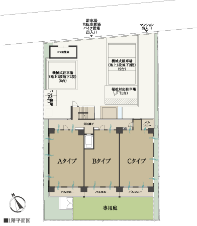 Shared facilities.  [All houses southwestward] ventilation ・ Daylighting ・ About 67% corner dwelling unit rate in consideration of the privacy produce a living space full of sense of openness to ensure the (percentage of the total dwelling unit). The distribution building plan of all households southwestward, It has achieved a bright living space to adopt the sunlight with plenty.