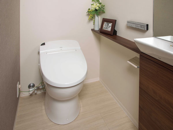 Bathing-wash room.  [Tankless shower toilet] Easy to clean with borderless shape, Powerful turning water flow is firmly flush the bowl surface, Also reduce the amount of water used.