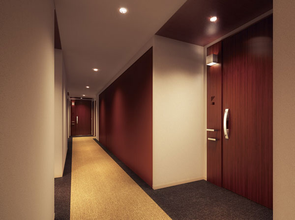 Features of the building.  [The inner corridor design Produce a relaxing deep] It adopted an inner corridor design hotels like, Creating a quiet and pleasant building in an environment that does not feel the outside of the hustle and bustle. Because there is no window of the living room facing the shared hallway, Also increase the privacy of. (Inner corridor Rendering)