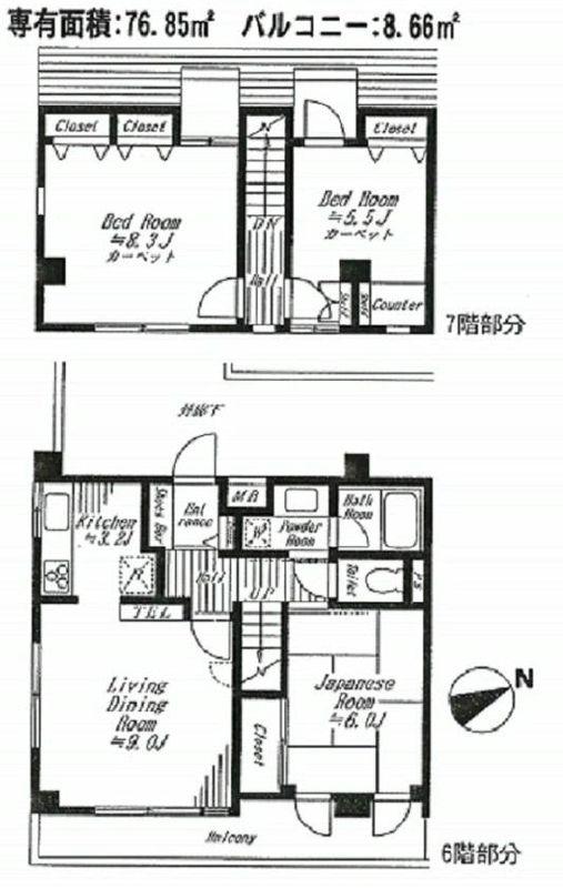 Floor plan. 3LDK, Price 31,800,000 yen, Occupied area 76.85 sq m , Balcony area 8.66 sq m