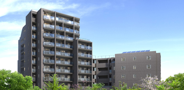 Features of the building.  [Deepen the flavor of a mansion, Appearance in harmony with the city of Ikenohata] With the keynote the color of dark brown system is calm from harmony with the landscape of the region, We aim to design and building design that combines urban sophistication with Japanese culture. The outer wall, Use the beautiful tiles scattered spots, such as the oil droplets found in the tea ceremony pottery. Also it has adopted a louver handrail to symbolize the glass hand design of sliding and shoji of transparency. By further emphasized the Marion vertical line, It will produce the house a sense of stability and a profound feeling. (Exterior CG)