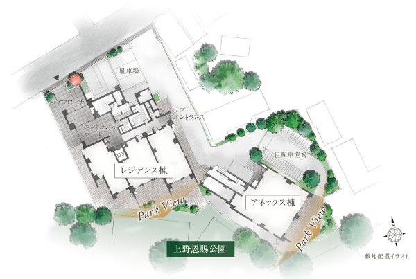 Features of the building.  [About corner dwelling unit rate of 83%, Private residence in consideration for privacy] I was taking advantage of the open-minded rich field of vision is widened, Planning the floor plan of the corner dwelling unit center (condominium dwelling unit 43 House of 36 House). To achieve the sheltered calm life of privacy. (Site layout illustration)