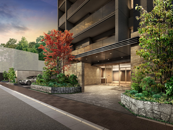Shared facilities.  [Entrance with a calm atmosphere and a profound feeling] The greet gently those who live in, Profound and serene look of the entrance. Composed of texture rich brown tiles, It further provided a high-design property eaves. In addition, such as placing a lush greenery, Also finished in high-quality design to foresee the elegant living while penetration in the cityscape. (Entrance Rendering CG)