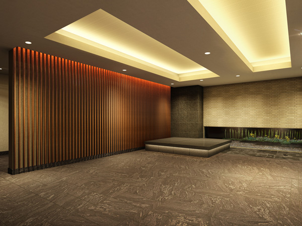 Shared facilities.  [Beautiful space to welcome gently those who live] Entrance hall, Dignified mood in just being in beauty and there was aiming to soften such a space. The vertical grid of the accent is on the wall, Adopt a natural stone on the floor. Provided, such as glass windows decorate the lighting and the planting of the ceiling Trey, We designed a calm space. (Entrance Hall Rendering CG)