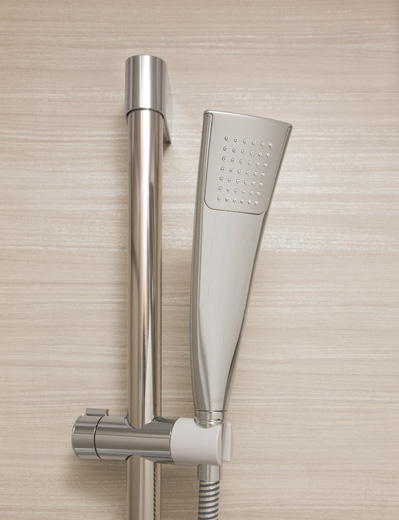 Bathing-wash room.  [Air-in shower of "water × air"] Large water particles that contain a lot of air. While about 35% when compared to conventional shower (company ratio) Water saving, Is a new shower with plenty of bathing comfort can experience.