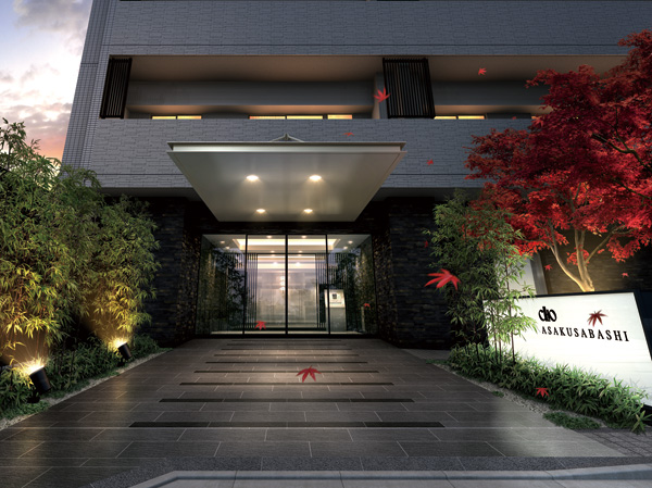 Buildings and facilities. Representation of the sophisticated Japanese taste, such as reminiscent of the beautiful Japanese garden <Clio Asakusabashi>. Entrance is nestled a beautiful eaves in Sharp, It directed the look with elegance and dignity, Of the building exterior has adopted a vertical stripes containing tiles was conscious of plaster painted white, known as the finish paint of Japanese architecture-specific. (Entrance Rendering)