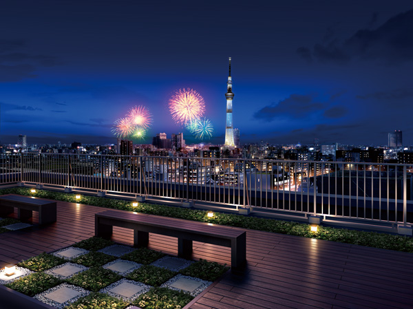 Buildings and facilities. The building roof of <Clio Asakusabashi> is, It has established the airy Sky Terrace. From the space of relaxation wrapped in green rooftop greening is, Tokyo cityscape overlooks, including the Tokyo Sky Tree. Also, Annual Sumida River fireworks display (every year in July held) you can enjoy in the summer. (Sky Terrace Rendering)