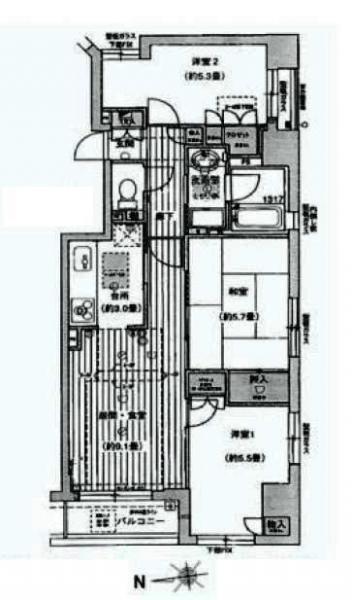 Floor plan. 3LDK, Price 35,800,000 yen, Occupied area 62.73 sq m , Balcony area 3.36 sq m