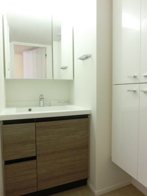 Washroom. It is a wash basin with a happy linen cabinet