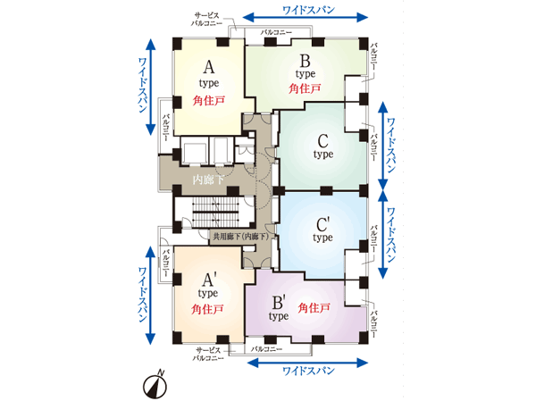 Shared facilities.  [Wide span / Corner dwelling unit / Inner hallway] (1) wide span design that has been designed so as all the room in the window stick. Each room is also comfortable. (2) corner dwelling unit ratio about 68%. It is possible to adopt a two-sided lighting in the family gather living dining, Bright achieve open space. (3) privacy of ・ Crime prevention ・ Comfort that does not depend on the temperature and weather ・ Adopt an inner corridor beautiful hotel like even as footsteps with a difficult tranquility of the Hibiki design (2 ~ 21-floor plan view)