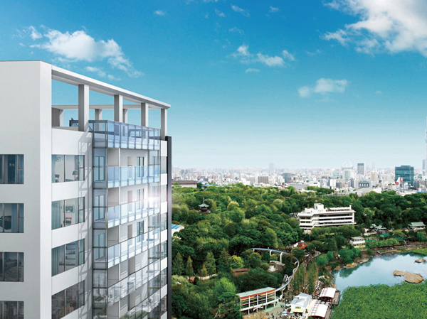 Buildings and facilities. The under eyes Ya not Nyingchi of Ueno Park, Position that can hope steeped in rich green landscape. (Exterior - Rendering ※ Those that were synthesized view photos from the corresponding 24-floor local (2,011.5 shooting) in building Rendering that caused draw on the basis of the drawings, In fact a slightly different. View, etc. rank ・ Different for each dwelling unit, Surrounding environment ・ View might change in the future. )