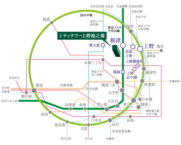 Surrounding environment. Tokyo Metro Chiyoda Line "Nezu" direct 6 minutes to "Otemachi" station from the station. Downtown freely of network to broaden the field of life. Of the business district "Otemachi" and "Kasumigaseki", Shopping and gourmet shop representative of Japan is concentrated "Ginza", Popular spot "Roppongi", "Akihabara", etc., You can access the speedy also a major area of ​​the city center. (Access view)