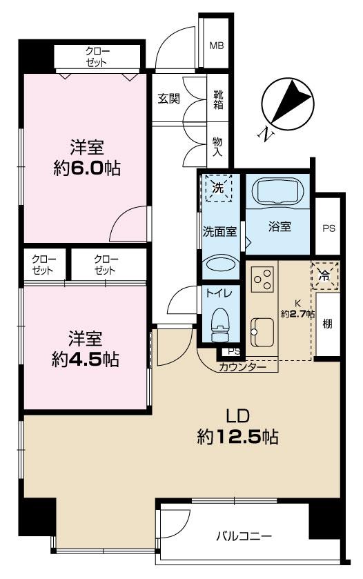 Floor plan. 2LDK, Price 26,800,000 yen, Occupied area 60.07 sq m , Balcony area 5.11 sq m