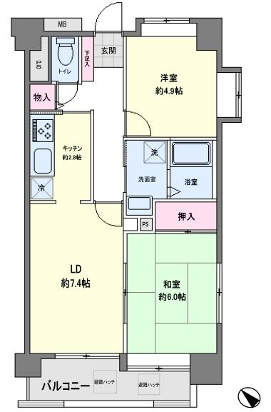 Floor plan. 2LDK, Price 19,800,000 yen, Occupied area 50.57 sq m , Bright room with a balcony area 6.47 sq m southwest angle room.