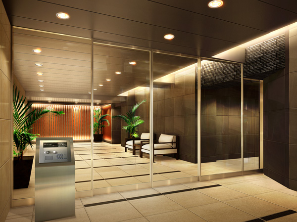 Shared facilities.  [Entrance Hall Rendering]  Also devised that does not forget the transitory nature of the breath and the season there in the city center. It arranged a symbolic evergreen dogwood on both sides of the main entrance, The dogwood blooms white flowers in the summer on the back. And nestled the evergreen also on the roof of the Sky Garden, It will produce the moisture to the private moments.