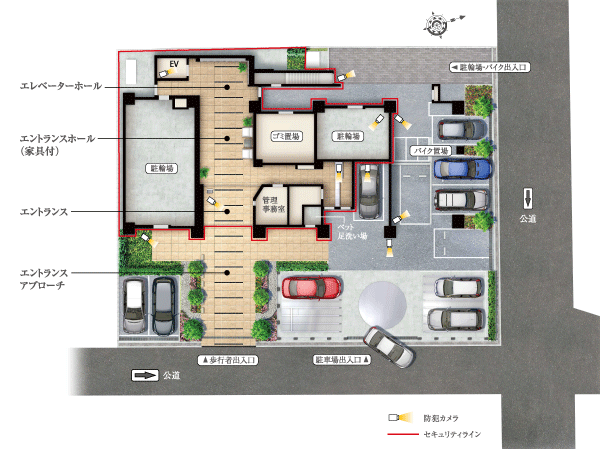 Shared facilities.  [Master plan image illustrations] Taking advantage of the open feeling of the location and two-way road corner lot to feel the calm that has entered the back from the main road, Entrance side has realized the room there is a design that was set back than the road surface.