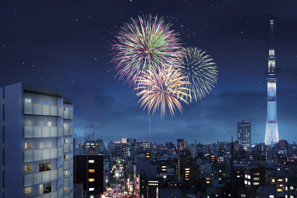 Buildings and facilities. Birth along the vibrant "Asakusa Kokusai Street". View that spreads out gorgeous colors such as Tokyo Sky Tree and Sumida River fireworks. (Exterior CG) ※ About than local 90m ・ In fact a somewhat different in that the appearance Rendering and CG synthesis from the 8th floor considerable height to view photos of the July 2013 shooting.