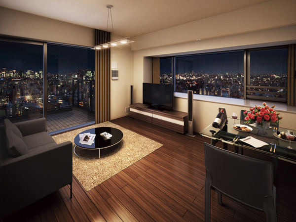Living.  [living ・ Dining (LD)] LD is a sense of liberation of the ceiling height of about 2650mm (26 floor only about 2600mm). The best part is also the Tower unique to enjoy the dramatic night view of the city. If open a movable partition door, The spacious space of about 15 tatami mats. (Rendering view from 55A-1 type 26 floor LD overlooking the Akihabara district) ※ Subjected to a CG processing of night view to view photos from the local 26th floor equivalent (January 2013 shooting), The building that caused draw based on the drawings of the planning stage (indoor) CG synthesizing Rendering ・ Which was processed, In fact a slightly different. View, etc. rank ・ It varies by each dwelling unit, Surrounding environment ・ View might change in the future