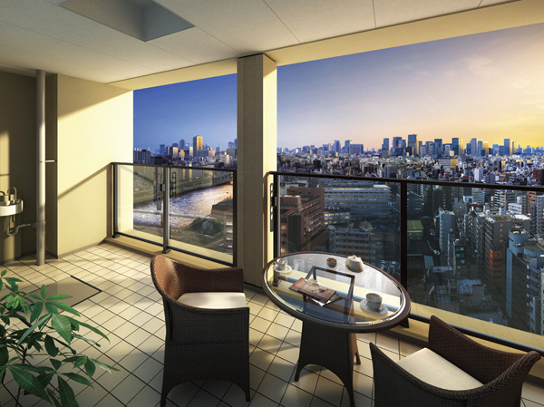 Living.  [Southwest-facing balcony] Balcony size of the room of the depth of about 2m. From high-rise floors, The Sumida River and downtown evening shining reflects the light is close. A glass handrail adopted, Consideration to lighting. Installation convenient Minishinku and waterproof electrical outlet, etc.. (Rendering overlooking the Nihonbashi district than 65Db-1 type 24 floor) ※ Subjected to a CG processing of the evening to view photos from the local 24th floor equivalent (January 2013 shooting), The building that caused draw based on the drawings of the planning stage (balcony) CG synthesizing Rendering ・ Which was processed, In fact a slightly different. View, etc. rank ・ Unlike in each dwelling unit, Surrounding environment ・ View might change in the future