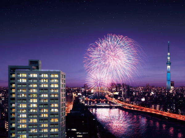 Features of the building.  [Sky drama that high-rise Tower Residence lust] Here's the resulting exceptionally relaxed feeling of freedom of the high-rise Tower Residence unique. From the windowsill, Majestic sky changing every day every moment and its expression, In comfort flowing Sumida River, It overlooks downtown skyscrapers sparkling is. The evening of the summer, Masu fun Me up close and relax the Sumida River fireworks display from the roof terrace.  ※ Rendering of the web is night view to view photos from the local 26th floor equivalent (January 2013 shooting), Subjected to a CG processing of fireworks, etc., CG synthesis building Rendering that caused draw based on the drawings of the planning stage ・ Which was processed, In fact a slightly different.