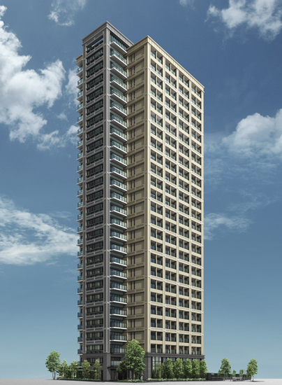 Features of the building.  [Exterior design] Nestled dignified on the banks of the Sumida River, High-rise seismic Tower Residence of all 126 House ground 26-story wrap a live person in the peace of mind and peace. 10 years, Three decades, Deepen It should be noted that taste over time and 50 years, Pursue the residence as a building to be handed down beautifully in the next generation. With a style that add depth to the town of landscape, A New landmark is born. (Exterior view)