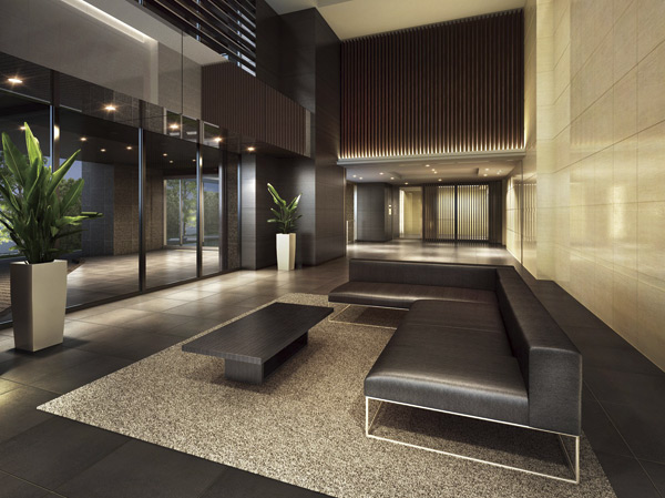 Shared facilities.  [Relaxed and with dignity Entrance Hall] Texture rich material and color of the walls began to brew calm, Urbane and pleasant entrance hall. From the lounge with two-layer blow-by and the glass wall to produce the open space is, Since overlooking the entrance front of the porte-cochere, You can also wait in the spacious feeling on the sofa car of pick-up. (Entrance hall ・ Lounge Rendering)