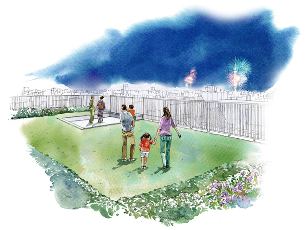 Features of the building.  [An open "roof terrace"] Surrounded by planting, There is a sense of open we established the rooftop terrace. (Rooftop terrace Rendering Illustration)