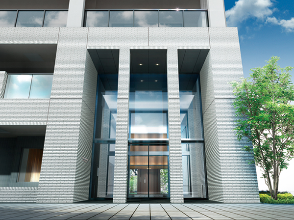Buildings and facilities. While taking advantage of the sense of scale of the two-tier atrium, Providing a glass wall and colonnade, Entrance to produce a simple and elegant appearance (Exterior view)