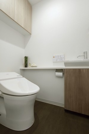 Washlet adopt an integral low silhouette toilet. Because borderless shape cleaning even easier likely. Artificial marble top plate of the hand washing counter is a sharp look