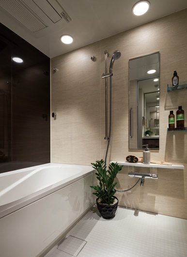 Bathing-wash room.  [bathroom] Adopt a frame division structure of the new design to put a wall panel on top of the tub. To prevent water from entering into the dirt-causing the back of the tub, such as mold and odors. Also, Since the tub back is not dirty, You do not need to clean and remove. Not only the front side of the bathroom, It usually also is pursuing clean of the back side that is out of the reach of eye.