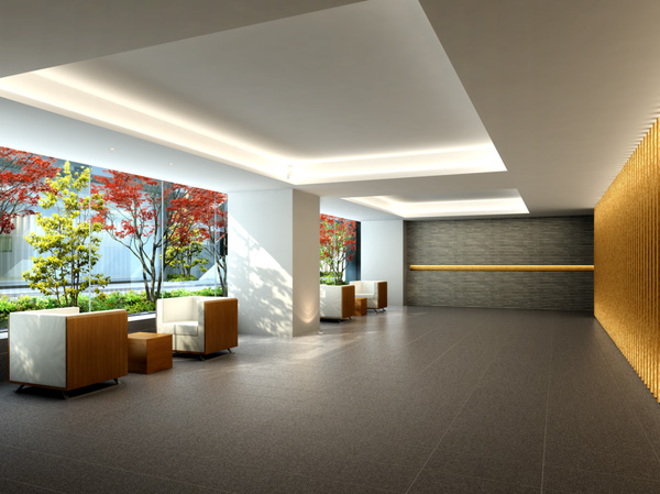 Features of the building.  [W Building Entrance Hall Rendering CG] Wood lattice which has been subjected to traditional techniques "Nagri processing" to give a unique rhythm and style that leave a trail sharpener Ya,  Warm lighting, Such as the color of Acer palmatum, Greet the entrance hall was alive the spirit of the Yingbin to every single landscape overlooking the.