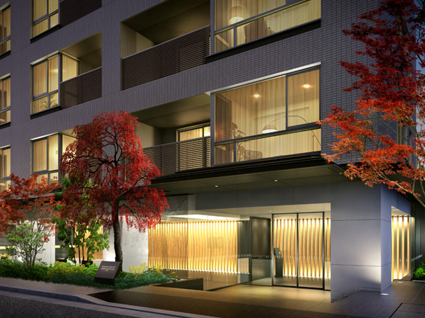 Features of the building.  [W Building Entrance Rendering CG] Embraced the road of autumn leaves to feel the color of the four seasons, Come across and promote walking, Entrance to feel the sparkle.