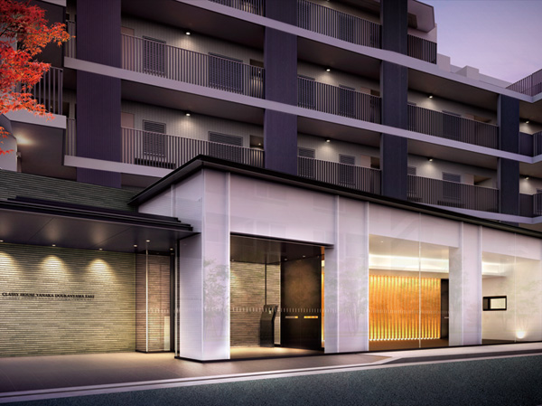 Features of the building.  [Building E Entrance Rendering CG] Sparkling in the silence of the environment, Approach to peace. By tailoring the wall one side of the hole in the glass, Feeling the outdoor open feeling and the feeling of air, Dignified engender a sense of sophistication we design the space of Yingbin.