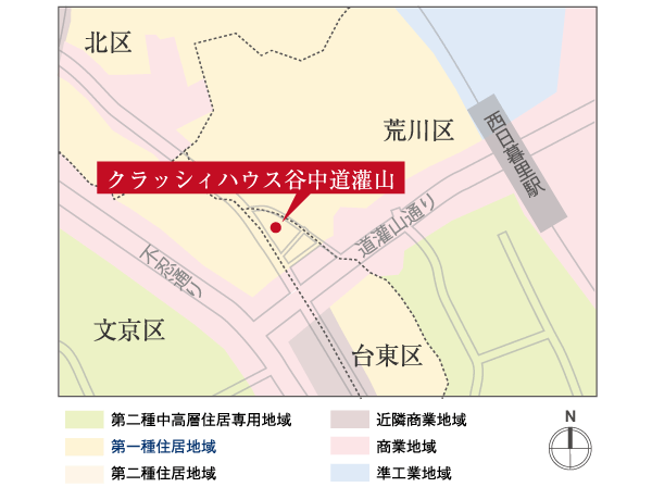 Other.  [First-class residential area of ​​peaceful environment are protected] The area, including the Yanaka 3-chome, It is specified in the "first-class residential area.". for that reason, Pachinko parlors and sex shop, Hotel, Gambling-related facilities, Other locations, such as large-scale stores and offices have been regulated. There is no building of industries that are considered to be life and education on the undesirable, Living environment full of calm has been maintained. (Zoning conceptual diagram)