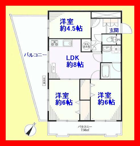 Floor plan. 3LDK, Price 25,800,000 yen, Occupied area 57.82 sq m , Balcony area 25.06 sq m southwest angle room