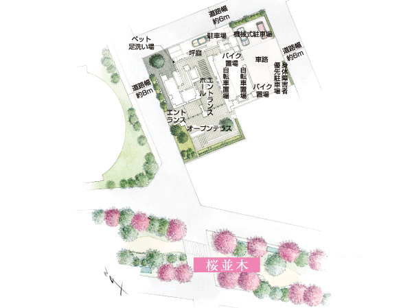 Shared facilities.  [It was pursuing a sense of unity and sense of openness and green, Master plan] Set back one step from the main street, Relaxed atmosphere. Open exclusive location where the three-way so as to surround the site facing the road. Taking advantage of the privileged living environment, It creates the investigation was dwelling in harmony with the open feeling and moisture. (Site placement Rendering Illustration)