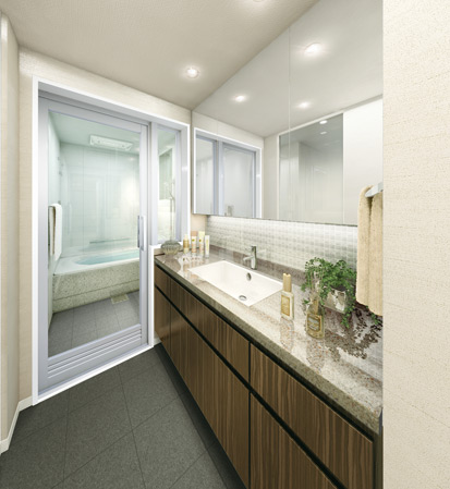 Bathing-wash room.  [A width of about 1200mm ~ Vanity of about 1400mm] Vanity of the top plate is in accordance with the kitchen top board was Hahn stone top plate, It adopted a porcelain square bowl, It produces a sophisticated space.