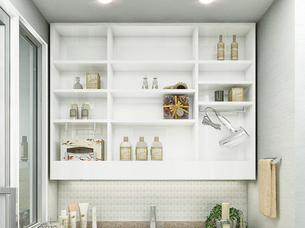 Bathing-wash room.  [Three-sided mirror back cabinet] Not only cosmetic products and hair care products, Install a good tissue BOX space in the dryer hook and usability, It can be housed in the multi-function.  ※ Listings triple mirror back cabinet ・ Tank-less multi-function shower toilet ・ With mirror hand-washing counter, C type CG Perth